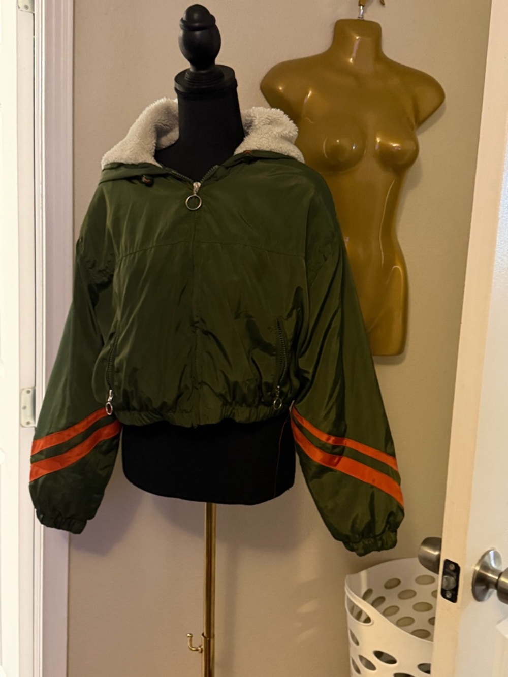 New Look Olive Green Hooded Bomber Jacket with Orange Stripe